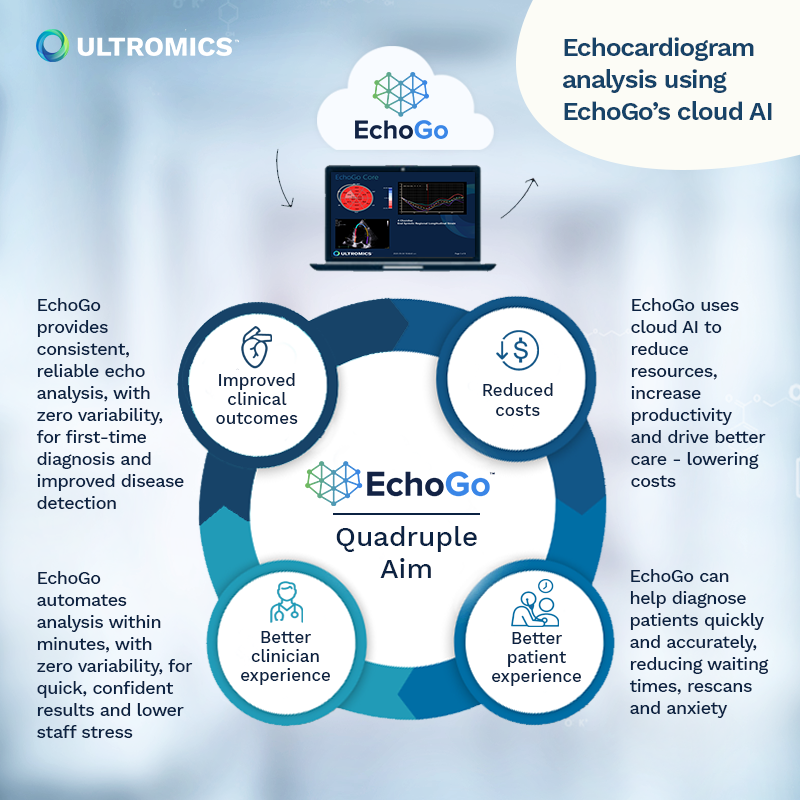 An infographic of EchoGo and the quadruple aim of the product: Improve clinical outcomes, reduce costs, better clinician experience and better patient experience. 