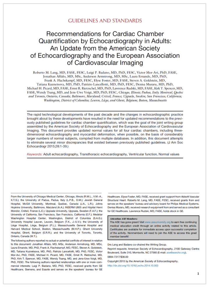2015 ASE/EACVI Recommendations for Cardiac Chamber Quantification by Echocardiography in Adults